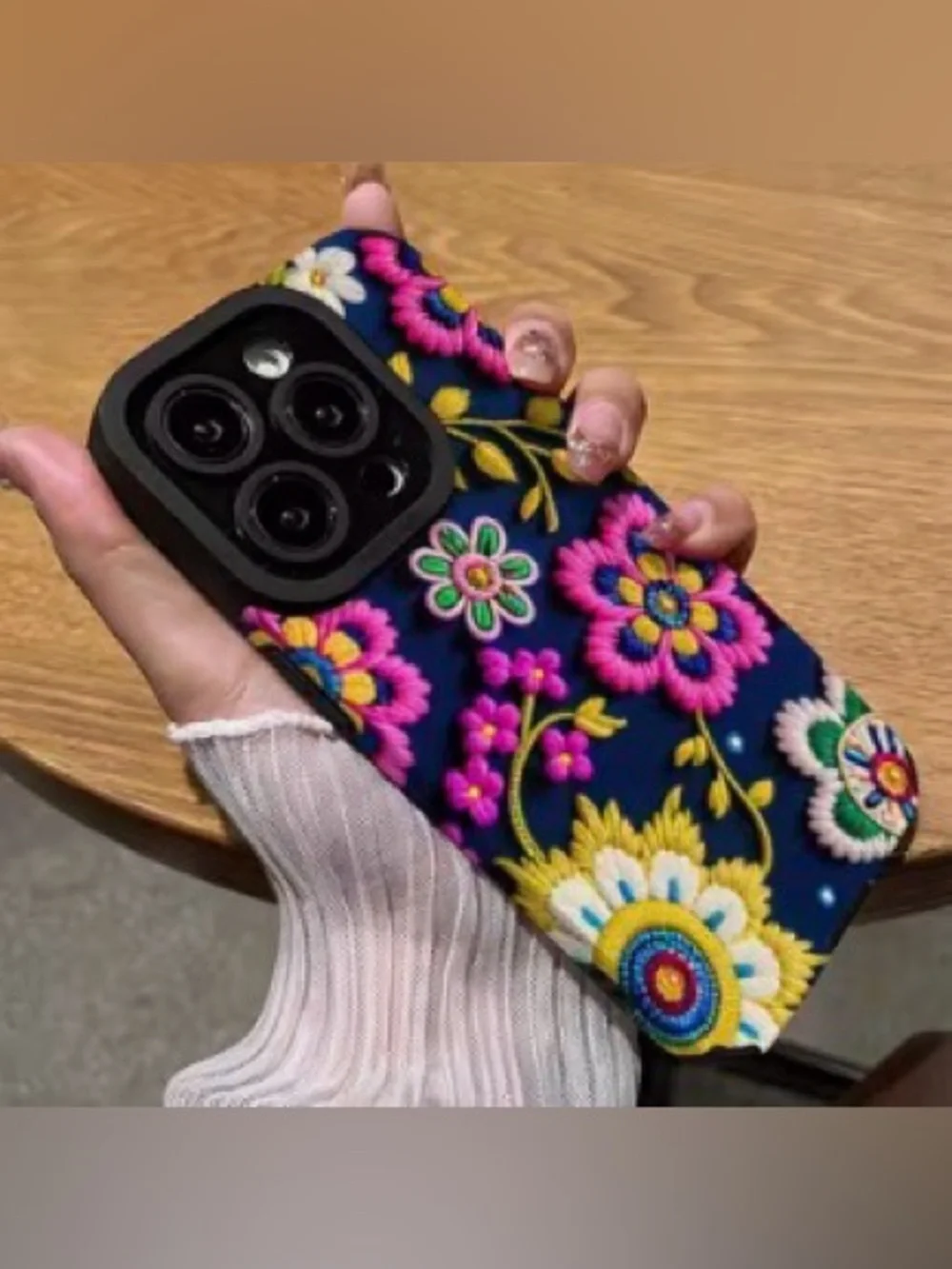 Floral Embroidered Print Navy iPhone 13 Case